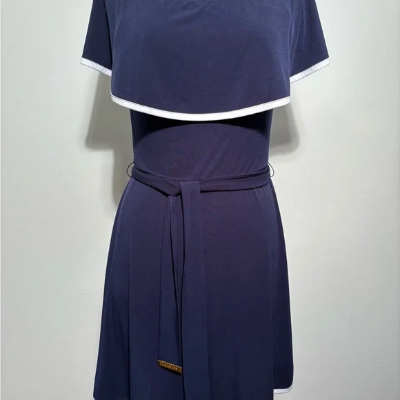 Michael Kors Navy Cape Overlay Fit & Flare Dress Size Small - Picture 2 of 7